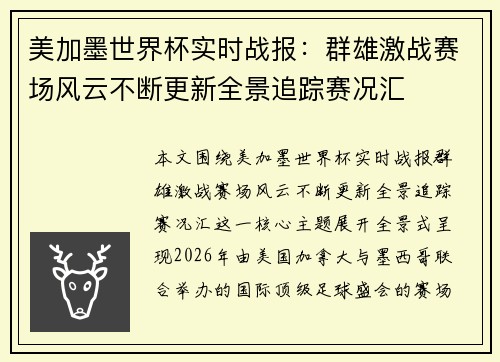 美加墨世界杯实时战报：群雄激战赛场风云不断更新全景追踪赛况汇